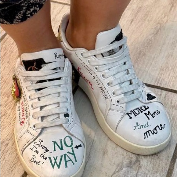 DOLCE & GABBANA DG Logo Heart Pearl Logo Low Top Sneaker PORTOFINO White Gold 7W - Picture 11 of 13